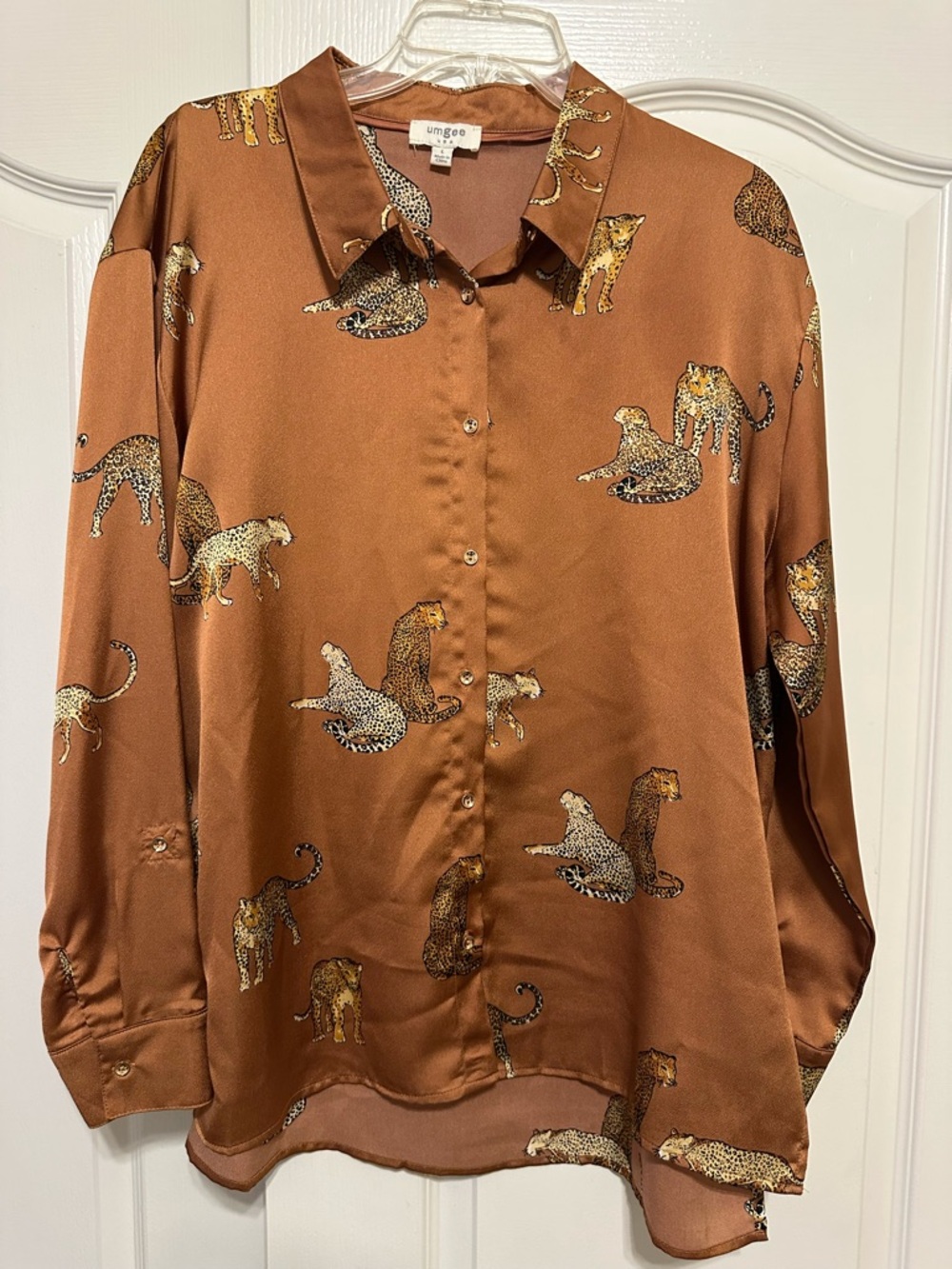 Umgee Copper Satin Leopard Print Button-Up Top